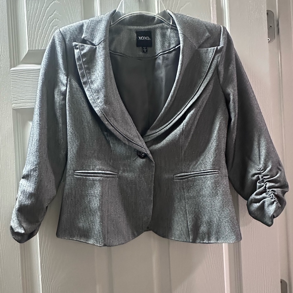 XOXO Women's Grey Blazer with 3/4 Ruched Sleeves